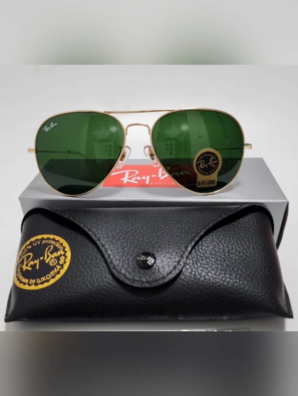 New With Box 62mm Ray-Ban Aviator Gold Frames Green Lenses G-15 Lens RB3026